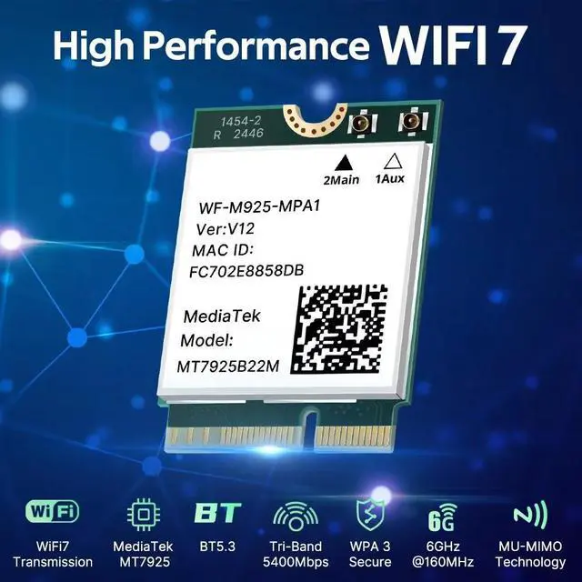 Alt view image 2 of 6 - WiFi 7 MT7925 Network Card Bluetooth 5.3 M.2 NGFF Wireless Adapter 5400Mbps Tri Band 2.4G 5G 6GHz Wifi7 Lan Card For Win 10/11