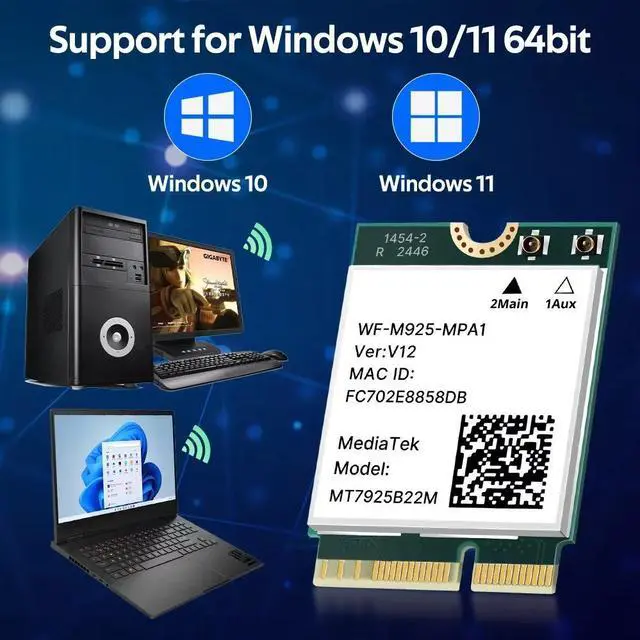 Alt view image 5 of 6 - WiFi 7 MT7925 Network Card Bluetooth 5.3 M.2 NGFF Wireless Adapter 5400Mbps Tri Band 2.4G 5G 6GHz Wifi7 Lan Card For Win 10/11
