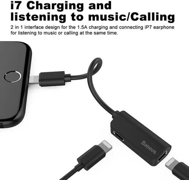 Alt view image 2 of 6 - 1Pcs Baseus 3 in 1 Audio Cable Adapter For iPhone 7 7s Plus 8Pin Earphone Charging Splitter Cable Adapter For iPhone 7 7s Aux Cable