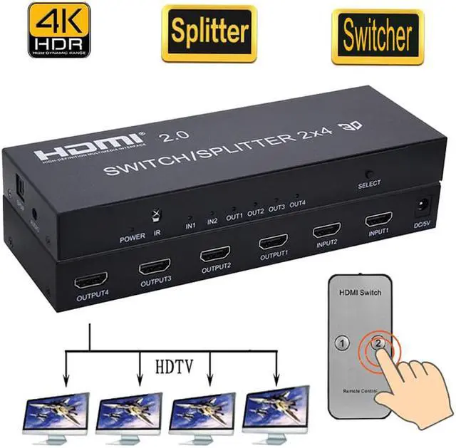 Alt view image 3 of 6 - 1Pcs Multimedia HDMI 2x4 (2 in 4 out) + Audio Extractor HDMI Switch @ Splitter 4K 3D 1080P Converter Adapter With IR Remote Control