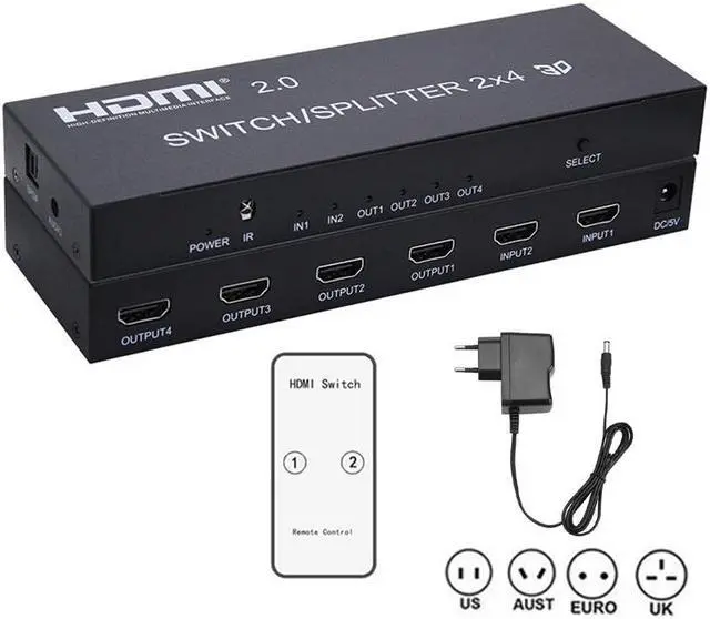Alt view image 5 of 6 - 1Pcs Multimedia HDMI 2x4 (2 in 4 out) + Audio Extractor HDMI Switch @ Splitter 4K 3D 1080P Converter Adapter With IR Remote Control