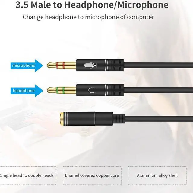 Alt view image 3 of 6 - 1Pcs 3.5mm Audio Y Splitter Cable 1 Female to 2 Male Adapter Headphone Microphone Cord Gold Plated for Headphone to PC Converter
