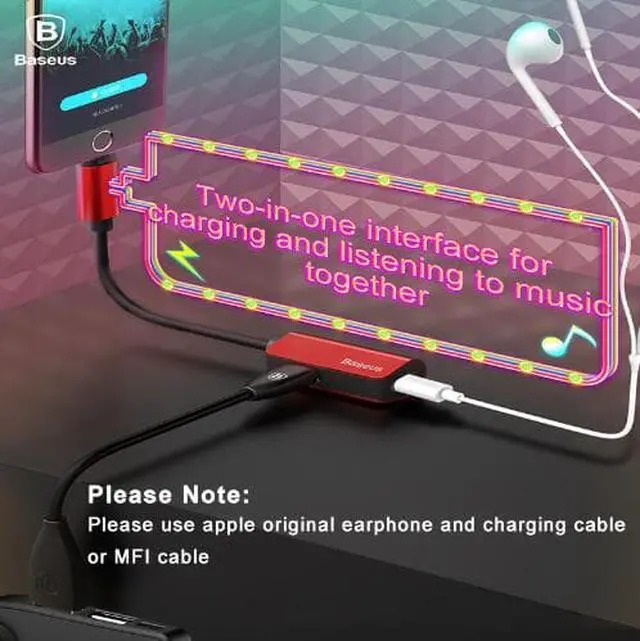 Alt view image 2 of 6 - 1Pcs Baseus Aux Audio Cable for iPhone 7 8plus Splitter Cable Adapter for iPhone iOS 11 Aux Cable Earphone Charging Adapter USB Cable