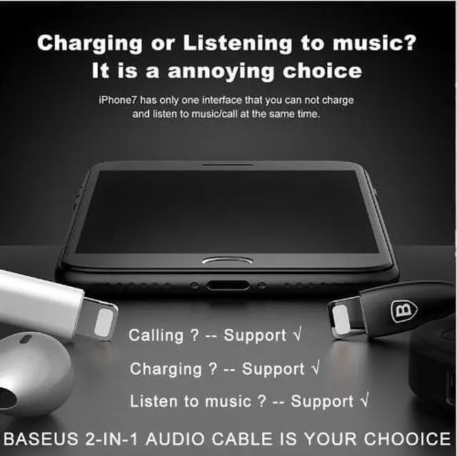 Alt view image 3 of 6 - 1Pcs Baseus Aux Audio Cable for iPhone 7 8plus Splitter Cable Adapter for iPhone iOS 11 Aux Cable Earphone Charging Adapter USB Cable