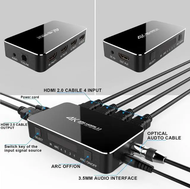 Alt view image 4 of 6 - 1Pcs UHD HDMI Switch 2.0 4K HDR 4x1 Adapter Switcher with Audio Extractor 3.5 jack optical fiber cable ARC splitter for HDTV PS4