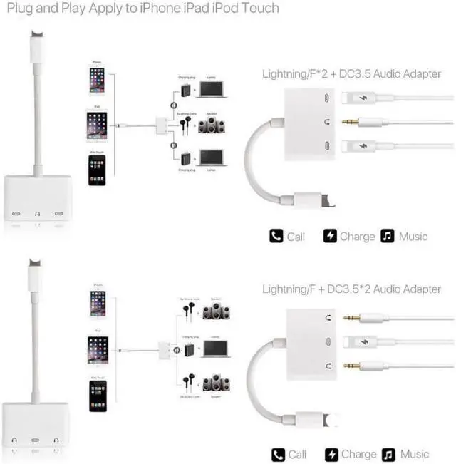 Alt view image 5 of 6 - 1Pcs 3in1 For iPad 8 Pin interface Dual 3.5mm Charge Call Audio Splitter Adapter For iPhone X 7 8 Plus 6s ipad