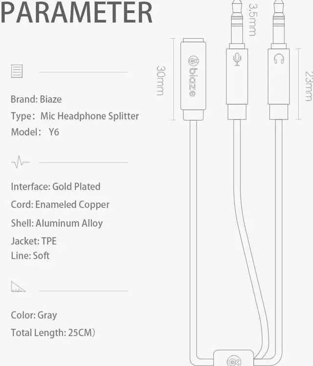 Alt view image 6 of 6 - 1Pcs Biaze Headphone Splitter 3.5mm Female to 2 Male for Computer 3.5mm Mic Audio Y Splitter Cable Headset to PC Converter Adapter