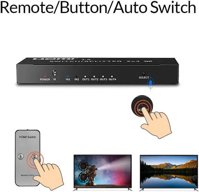 Alt view image 2 of 6 - 1Pcs Multimedia HDMI 2x4 (2 in 4 out) + Audio Extractor HDMI Switch @ Splitter 4K 3D 1080P Converter Adapter With IR Remote Control