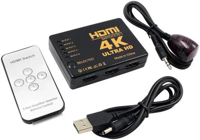 Main image of 1Pcs 3D 5 Port 4K HDMI Adapter Switcher Switch Selector Splitter Hub iR Remote USB to 3.5mm Jack Cable