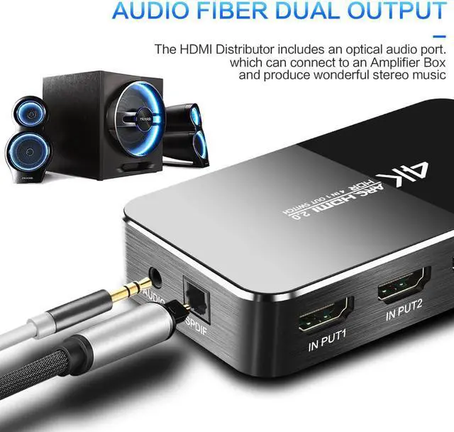 Alt view image 3 of 6 - 1Pcs HDMI Splitter 4 Port HDMI Splitter cable Switch Switcher 4K 2.0 Audio Extractor ARC & IR Control 4 Input 1 Output Adapter