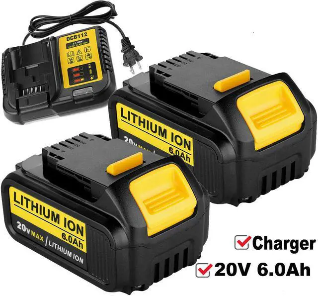 Main image of 2Pack For Dewalt 20V Lithium 6.0Ah Max XR DCB200 DCB206-2 DCB205 Battery and DCB112 Charger