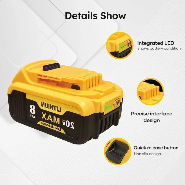 Alt view image 2 of 5 - VANON 20V MAX 8.0Ah Lithium Ion Battery for DEWALT DCB204 DCB205 DCB206 DCB205-2