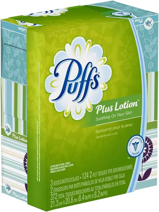 Alt view image 2 of 10 - Puffs Plus Lotion Facial Tissues; 3 Family Boxes 124 Tissues per Box