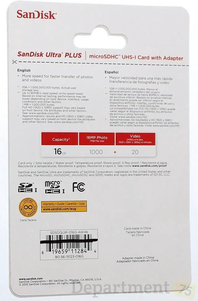 Alt view image 2 of 6 - SanDisk SDSDQUIP-016G-A46 16 GB Ultra Plus Micro SDHC Class 10 UHS-1 Memory Card