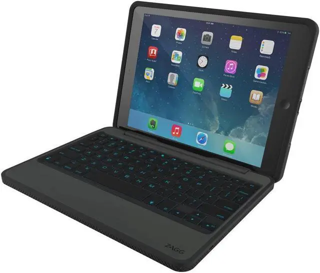 Alt view image 4 of 7 - ZAGG Rugged Book Case Durable Hinged with Detachable Backlit Keyboard for iPad Air 2 - Black (ID6RGK-BB0)
