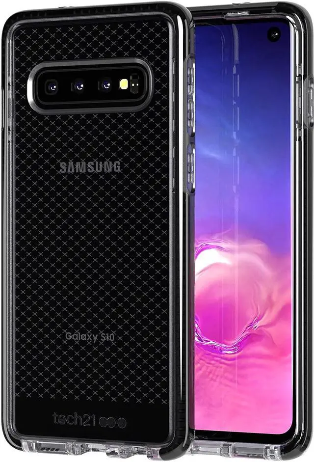 Main image of tech21  evo check  for samsung galaxy s10  mobile phone case with a unique check pattern  thin and light cellphone case  phone casing for drop protection of 12ft or 3.6m smokey/black