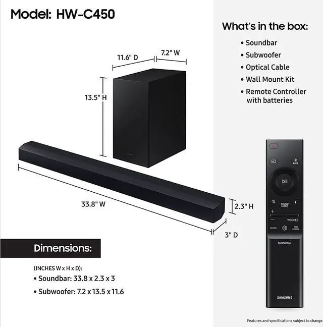 Alt view image 7 of 8 - Samsung HWC450 B-Series 2.1 Channel DTS Virtual: X Soundbar (2023) - HW-C450/ZA