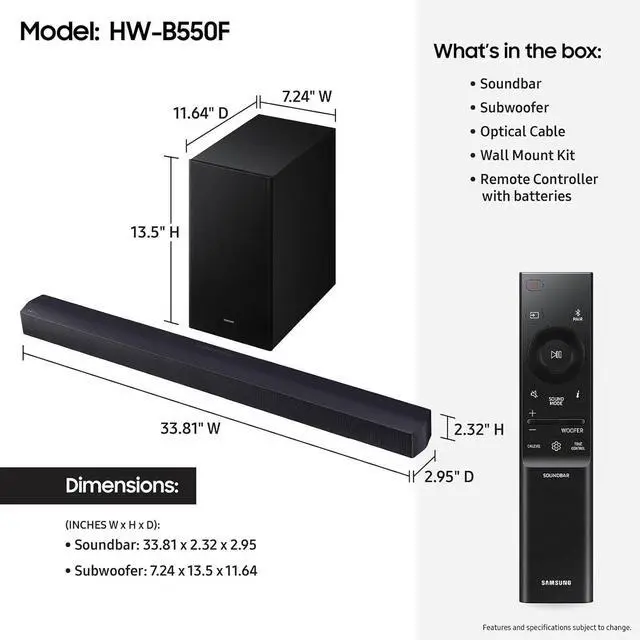 Alt view image 2 of 7 - Samsung B-Series Soundbar 2.1 Channel Dolby Audio / DTS Virtual:X with Subwoofer (HW-B550F/ZA, 2025)