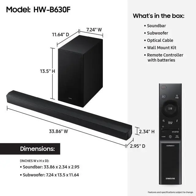 Alt view image 2 of 7 - Samsung B-Series Soundbar HW-B630F 3.1 ch DTS Virtual:X Soundbar with Subwoofer (2025 Model) One Remote Control, Voice Enhance Mode, Adaptive Sound