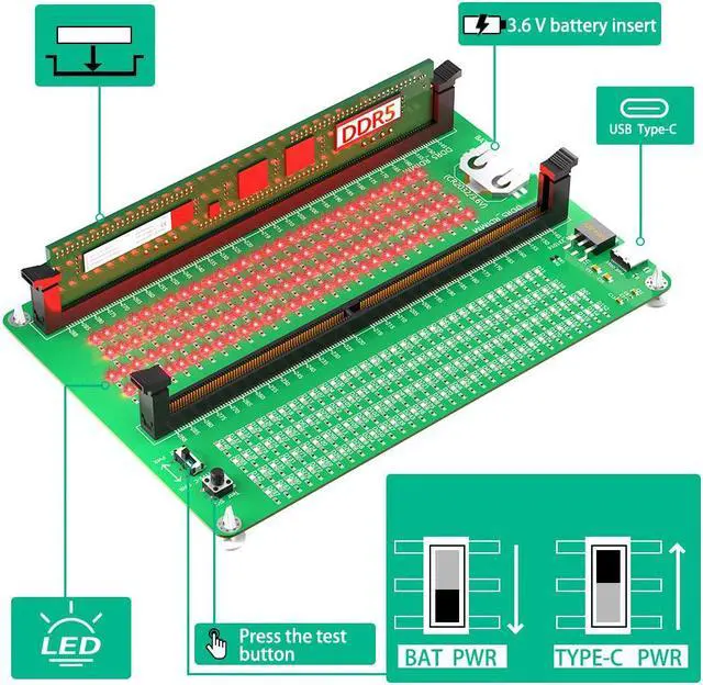 Alt view image 4 of 6 - ddr5 Memory Tester, Desktop Computer DDR5 Memory Performance Tester, Short circuit Test Card with LED Indicators for Desktop Computer DDR5 Rimm/Udimm Memory Failures test board