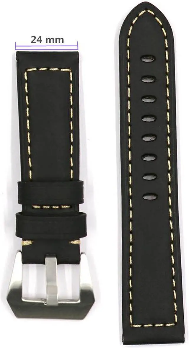 Main image of Black 22mm or 24mm Genuine Leather Wristwatch Watch Band  Vintage Watchband for Men with Stainless Buckle