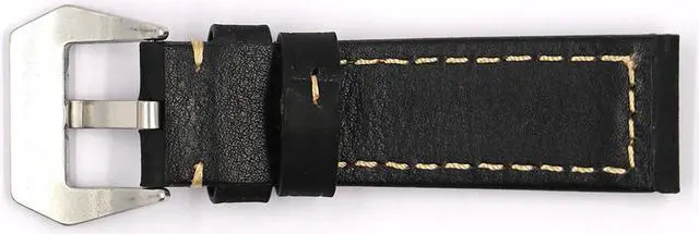 Alt view image 4 of 5 - Black 22mm or 24mm Genuine Leather Wristwatch Watch Band  Vintage Watchband for Men with Stainless Buckle
