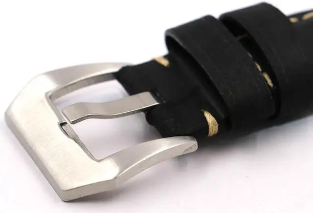 Alt view image 5 of 5 - Black 22mm or 24mm Genuine Leather Wristwatch Watch Band  Vintage Watchband for Men with Stainless Buckle