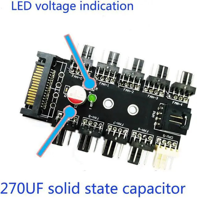 Alt view image 4 of 6 - Chassis Fan Hub CPU Cooling HUB 10 Port 12V 3Pin/4 Pin Fan PWM Fan Hub Controller power from SATA Interface