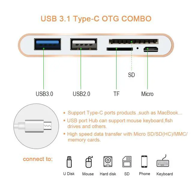 Alt view image 5 of 5 - 5 In 1 Usb-c USB 3.0 Hub Multi Type C Spliter Adapter Usb3.0 Card Reader for Macbook USB-c Type-c Splitter Multi OTG Combo