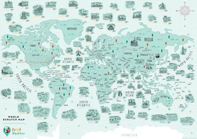 Alt view image 2 of 4 - Good Weather Premium Unique Design WORLD Scratch Off Travel Map - Perfect Traveler's Gift + FREE Scratch Pen.  Scratch off places you travel. 27.5 x 20 inches