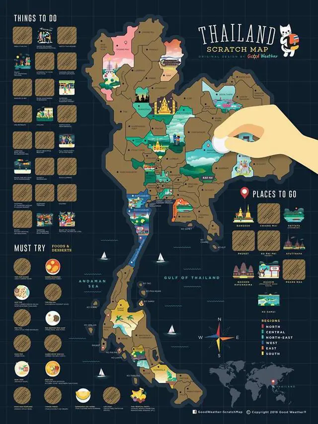 Alt view image 4 of 5 - Good Weather Premium Unique Design Thailand Scratch Off Travel Map - Perfect Traveler's Gift + FREE Scratch Pen.  Scratch off places you travel. 15.75 x 11.81 inches