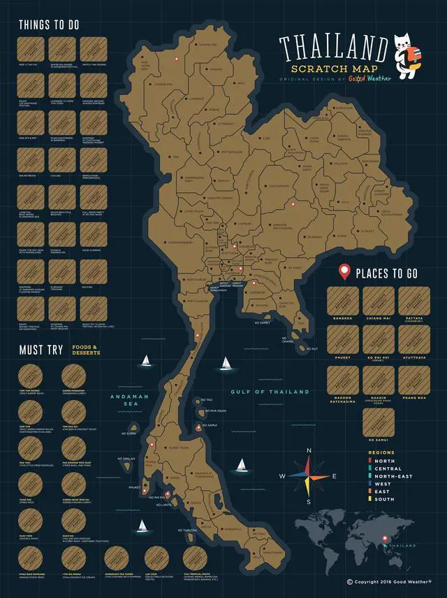 Alt view image 2 of 5 - Good Weather Premium Unique Design Thailand Scratch Off Travel Map - Perfect Traveler's Gift + FREE Scratch Pen.  Scratch off places you travel. 15.75 x 11.81 inches