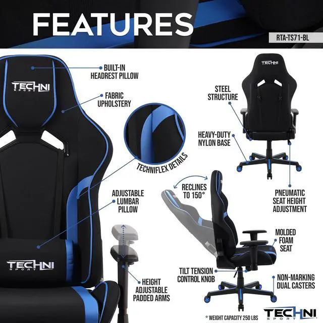 Alt view image 14 of 20 - TechniSport TSF-71 Fabric Office-PC Gaming Chair, Blue