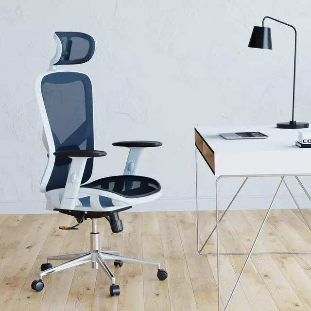 Alt view image 13 of 20 - The Techni Mobili High Back Executive Mesh Office Chair with Arms, Headrest and Lumbar Support, Blue