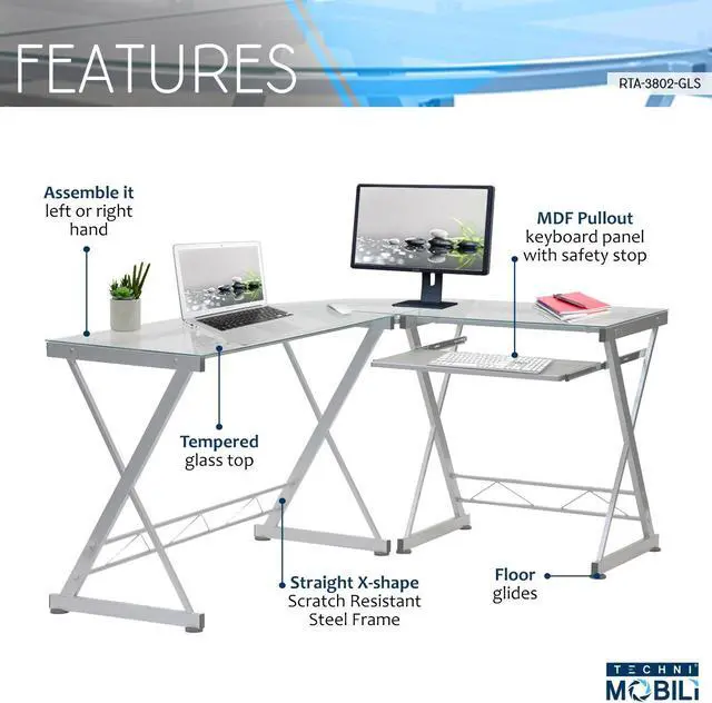 Alt view image 6 of 18 - Deluxe Ergonomic L-Shaped Computer Desk Workstation - Clear Tempered Glass