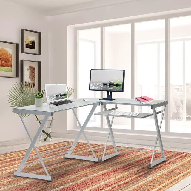 Alt view image 2 of 18 - Deluxe Ergonomic L-Shaped Computer Desk Workstation - Clear Tempered Glass