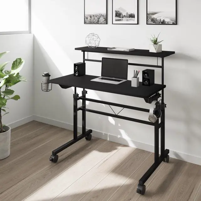 Alt view image 8 of 20 - Techni Mobili Rolling Writing Desk with Height Adjustable Desktop and Moveable Shelf, Black