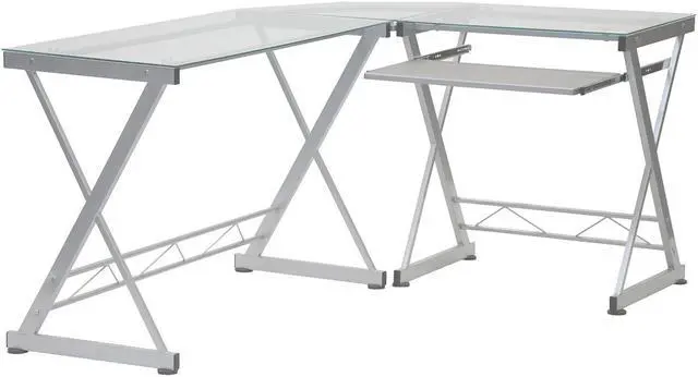 Main image of Deluxe Ergonomic L-Shaped Computer Desk Workstation - Clear Tempered Glass