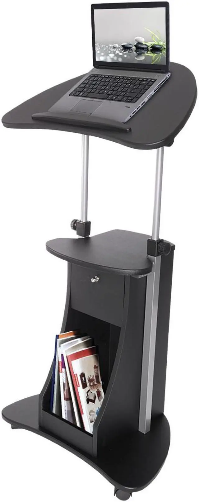 Alt view image 7 of 19 - Techni Mobili Sit-to-Stand Rolling Laptop Holder With Storage, Laptop Stand with Height Adjustable and Non Marking Caster Wheels, Black