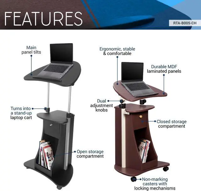 Main image of Techni Mobili Sit-to-Stand Rolling Laptop Holder With Storage, Laptop Stand with Height Adjustable and Non Marking Caster Wheels, Chocolate
