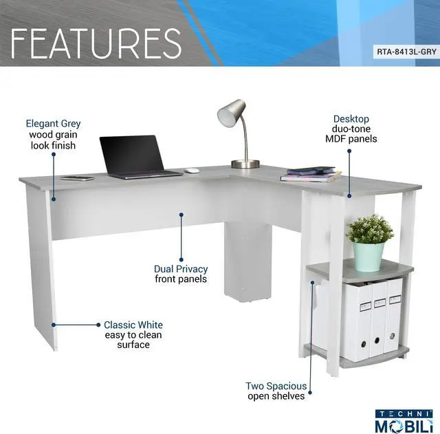 Alt view image 7 of 20 - Techni Mobili Modern L-Shaped Computer Desk with Side Shelves, Workstation Table with Particle Board Panels and Woodgrain Laminate Surface, Grey