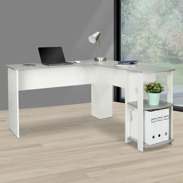 Alt view image 12 of 20 - Techni Mobili Modern L-Shaped Computer Desk with Side Shelves, Workstation Table with Particle Board Panels and Woodgrain Laminate Surface, Grey