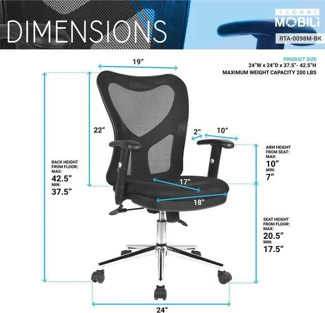 Alt view image 6 of 16 - Techni Mobili Back Mesh Office Chair with Non Marking Caster Wheels, Executive Task Chair with Adjustable Hight, Black