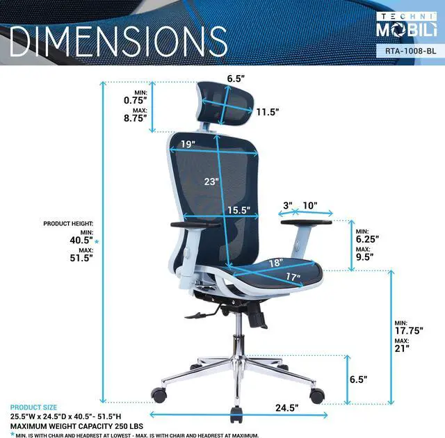 Alt view image 3 of 20 - The Techni Mobili High Back Executive Mesh Office Chair with Arms, Headrest and Lumbar Support, Blue