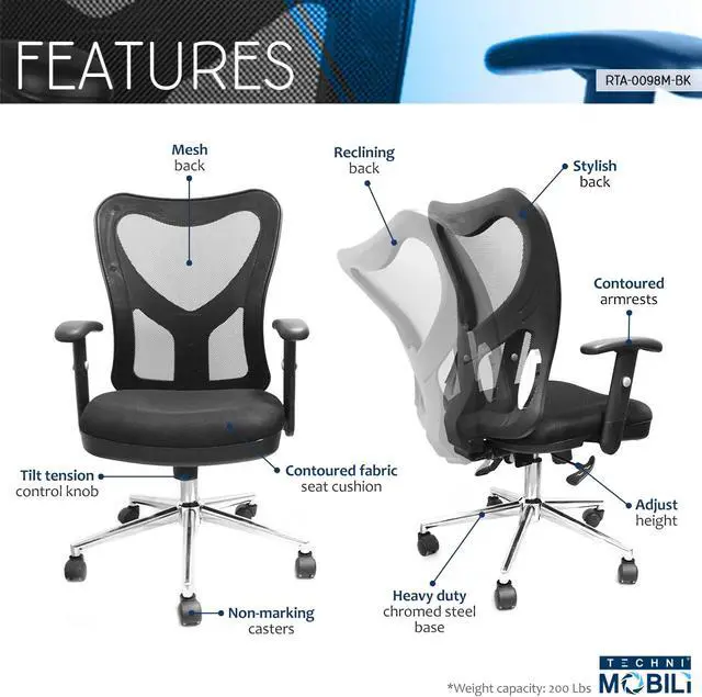 Alt view image 7 of 16 - Techni Mobili Back Mesh Office Chair with Non Marking Caster Wheels, Executive Task Chair with Adjustable Hight, Black
