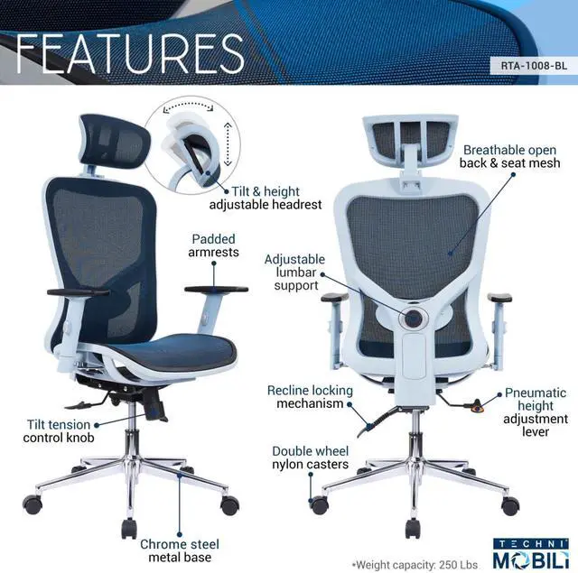 Alt view image 5 of 20 - The Techni Mobili High Back Executive Mesh Office Chair with Arms, Headrest and Lumbar Support, Blue