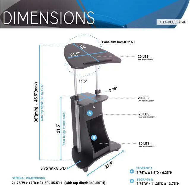 Alt view image 3 of 19 - Techni Mobili Sit-to-Stand Rolling Laptop Holder With Storage, Laptop Stand with Height Adjustable and Non Marking Caster Wheels, Black