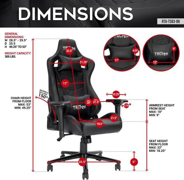 Alt view image 7 of 20 - Techni Sport TS-83 Ergonomic High Back Racer Style PC Gaming Chair, Black