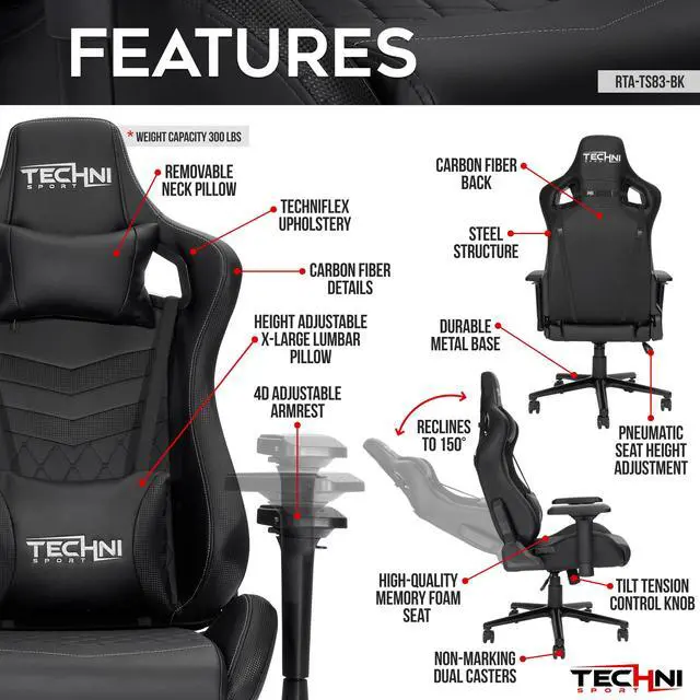 Alt view image 6 of 20 - Techni Sport TS-83 Ergonomic High Back Racer Style PC Gaming Chair, Black