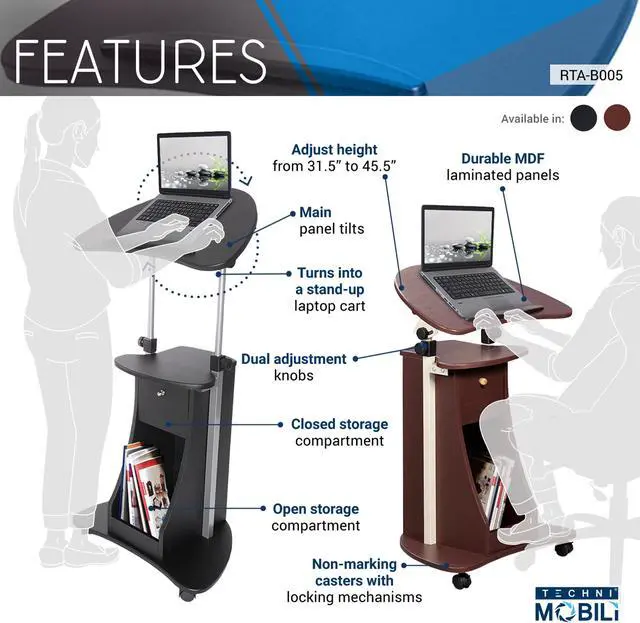 Alt view image 2 of 19 - Techni Mobili Sit-to-Stand Rolling Laptop Holder With Storage, Laptop Stand with Height Adjustable and Non Marking Caster Wheels, Black